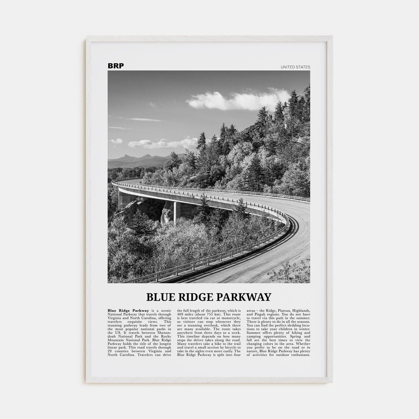 Blue Ridge Parkway Poster White Wood / 8x12 in Nbourhood Travel B&W Poster