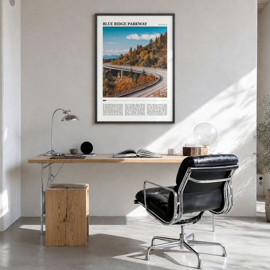 Blue Ridge Parkway Travel Poster in a black wood frame, hanging in a bright home office