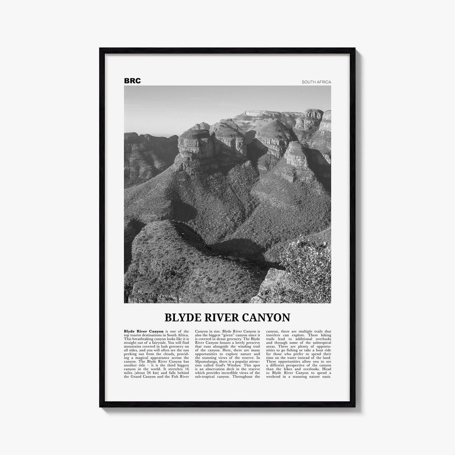 Blyde River Canyon black & white newspaper poster of South Africa – vertical wall art, unframed print shown in interior mocku