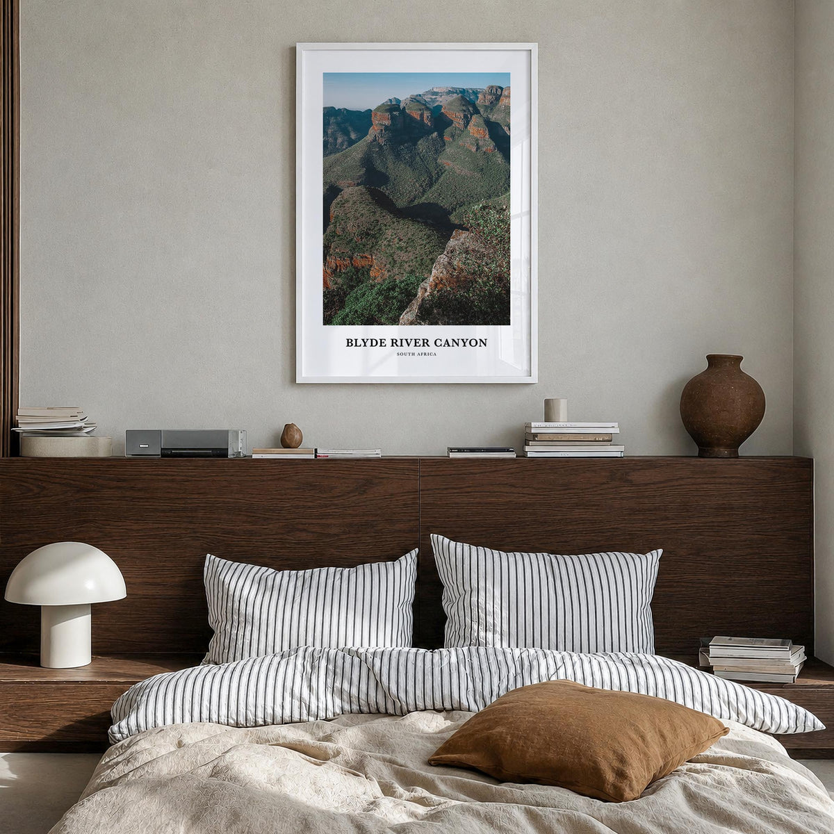 Blyde River Canyon colorful classic poster of South Africa – vertical wall art in white wood frame, hanging on wall