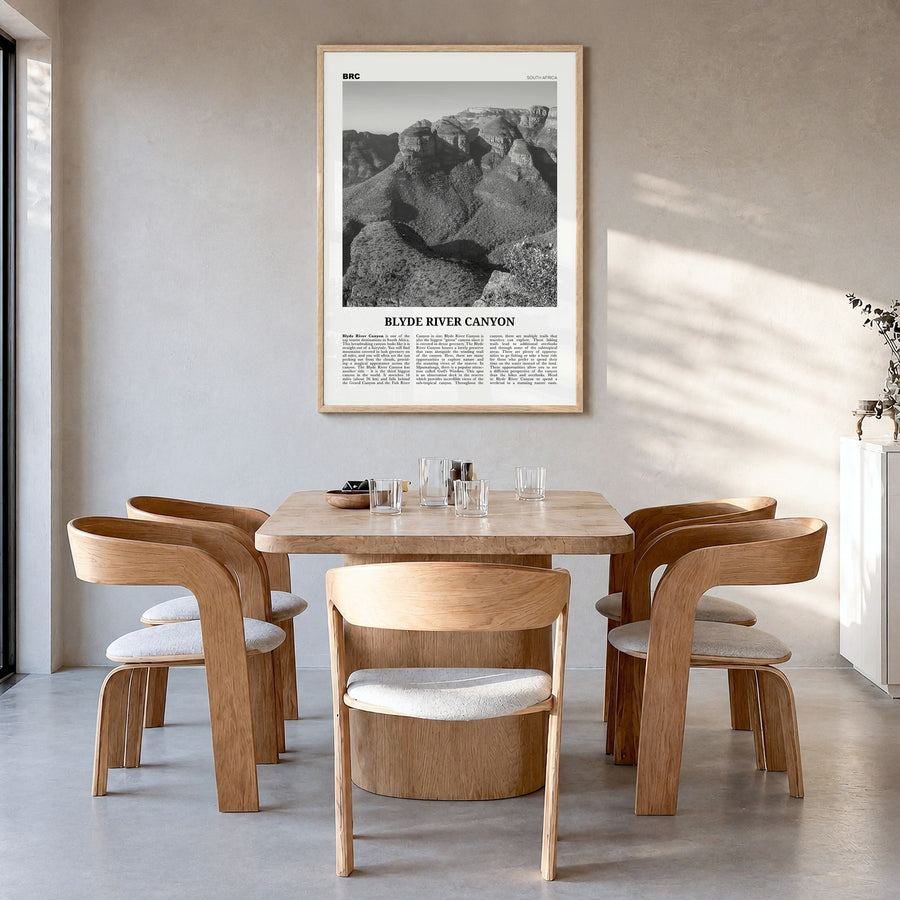 Blyde River Canyon Newspaper Poster in a natural wood frame, hanging in a dining room