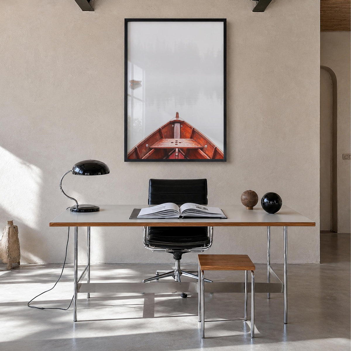 Boats on Foggy Lake colorful photo poster – vertical wall art in black wood frame, hanging on wall