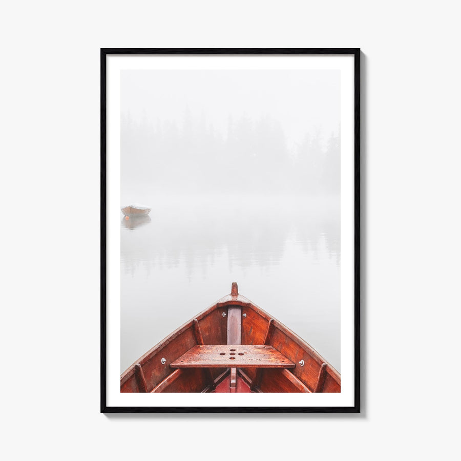 Boats on Foggy Lake colorful photo poster – vertical wall art, unframed print shown in interior mockup