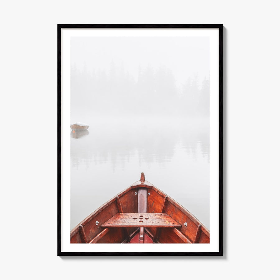 Boats on Foggy Lake Photo Poster, framed poster mockup, white border