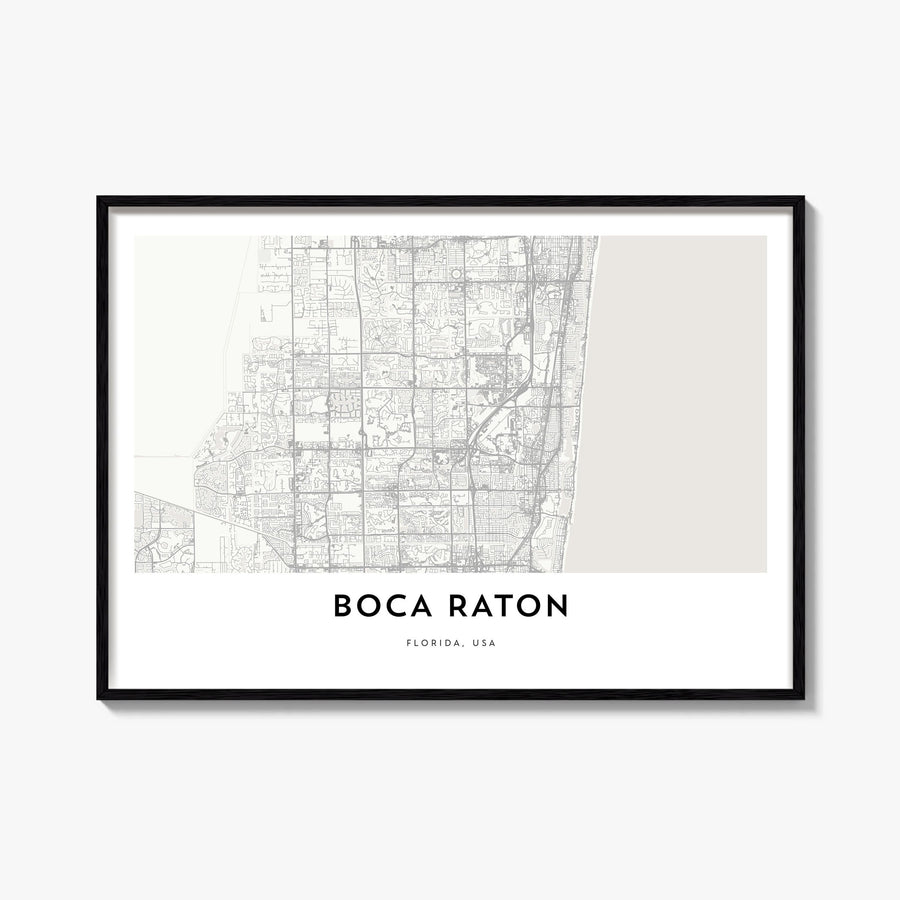 Boca Raton black & white map poster of Florida, USA – horizontal wall art, unframed print shown in interior mockup