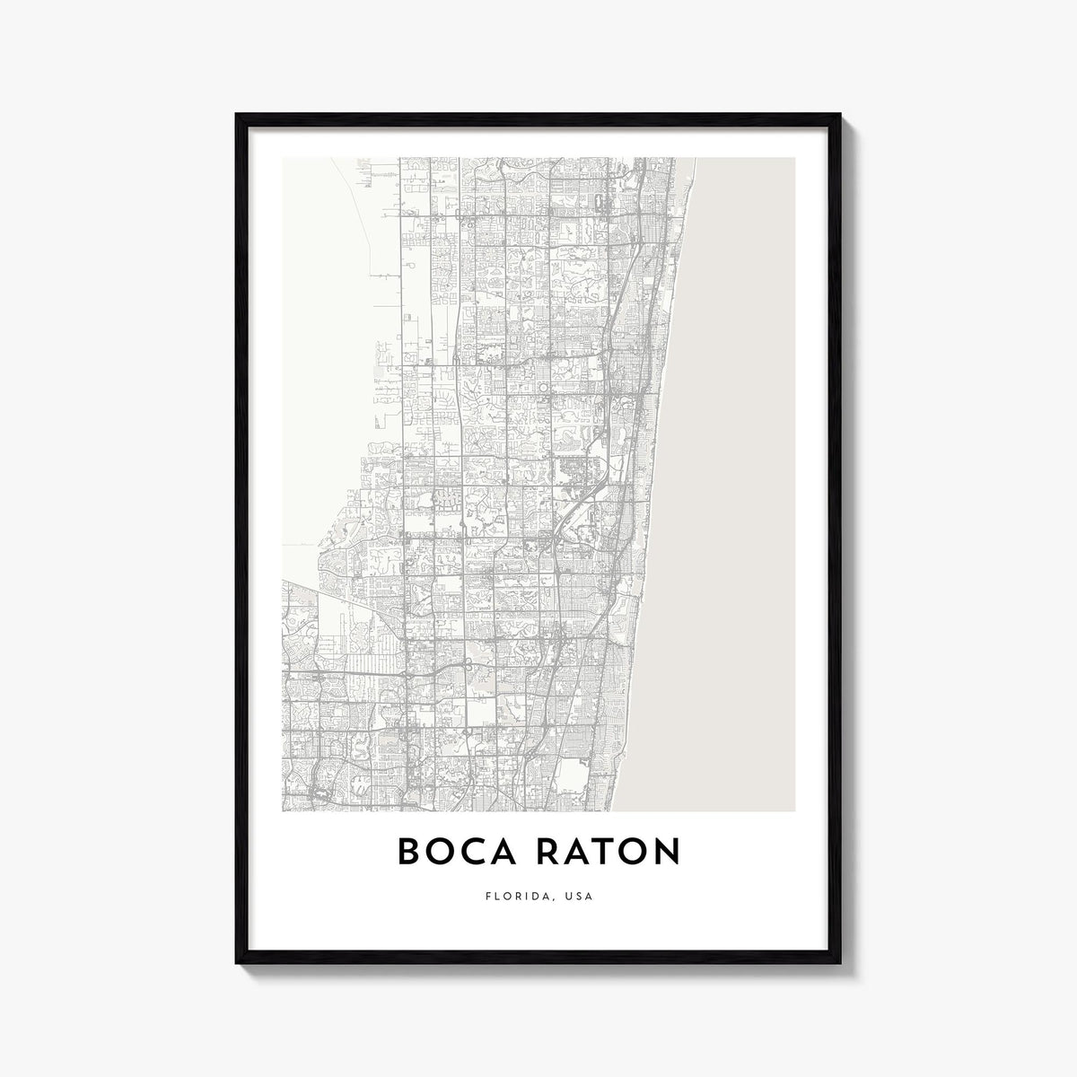 Boca Raton black & white map poster of Florida, USA – vertical wall art, unframed print shown in interior mockup