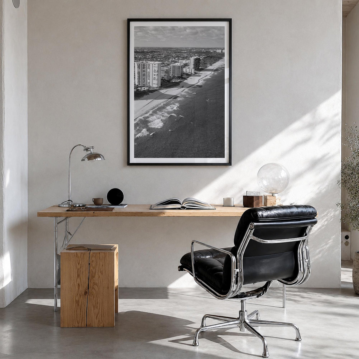 Boca Raton black & white photo poster of Florida, USA – vertical wall art in black wood frame with white border, hanging on w