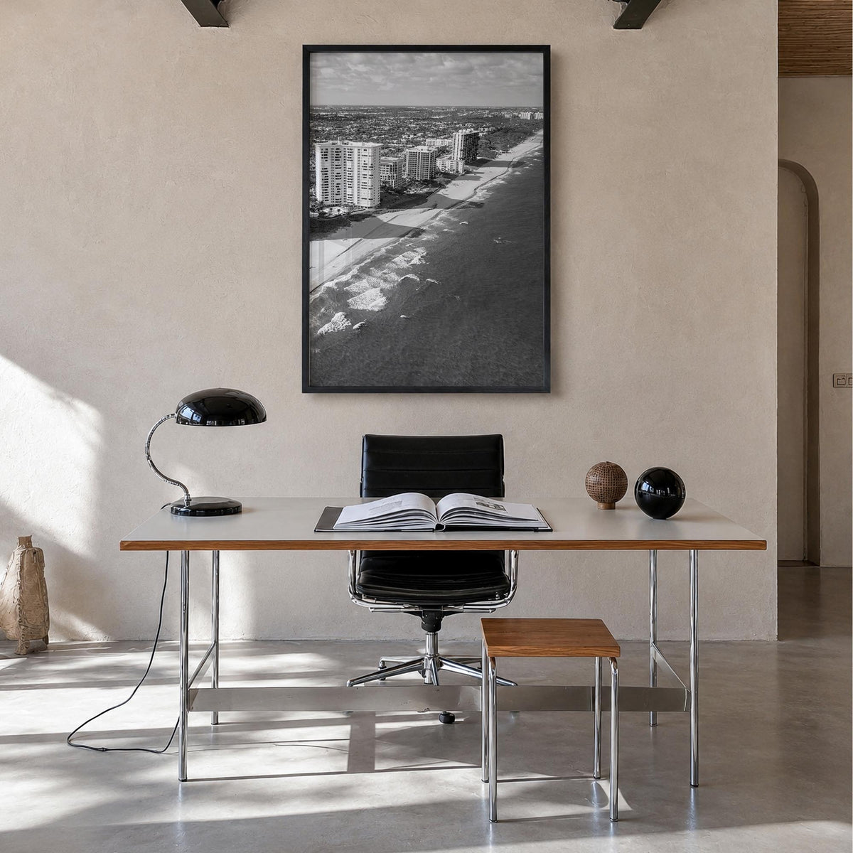 Boca Raton black & white photo poster of Florida, USA – vertical wall art in black wood frame, hanging on wall
