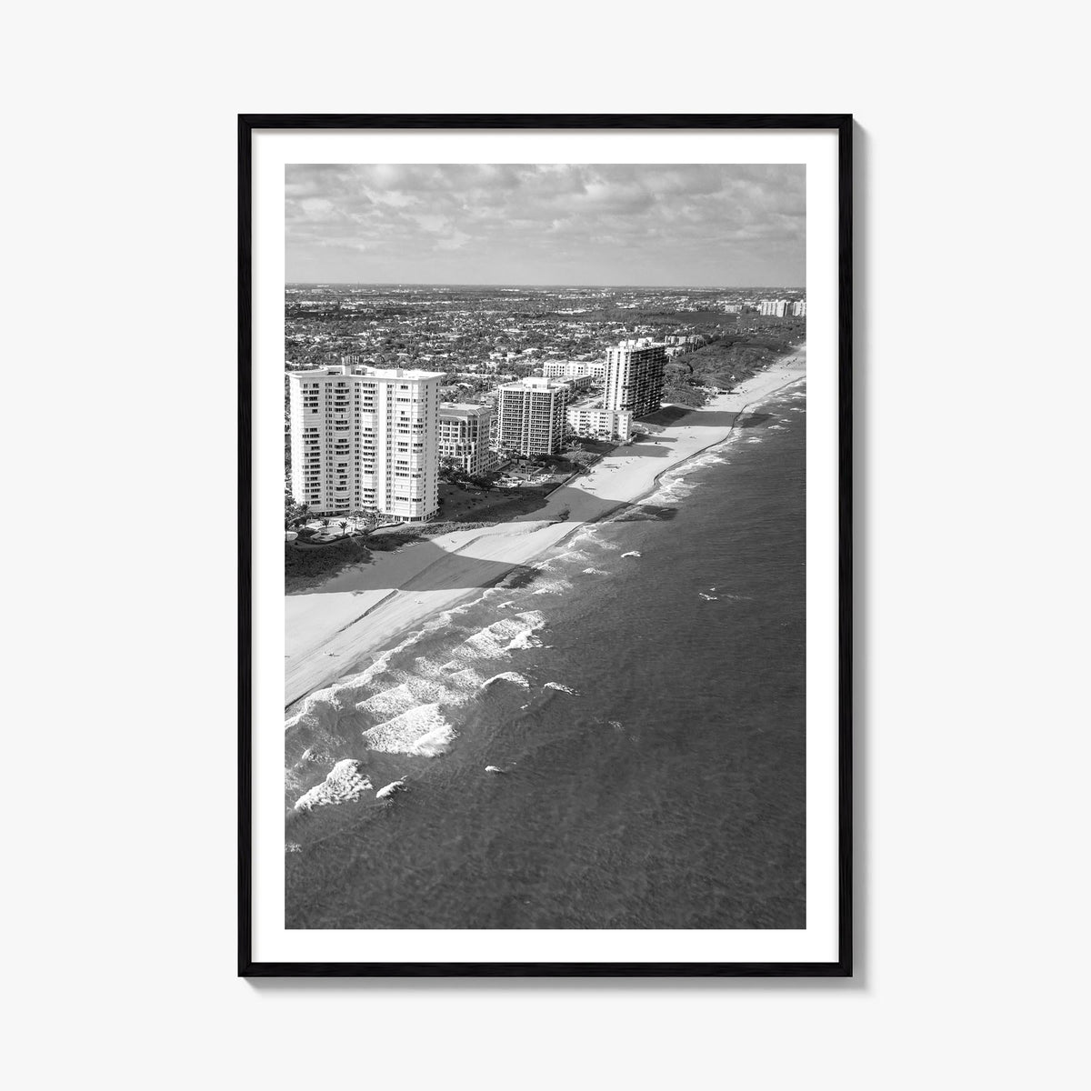 Boca Raton black & white photo poster of Florida, USA – vertical wall art, unframed print shown in interior mockup