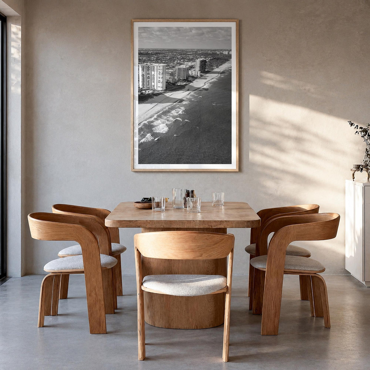 Boca Raton black & white photo poster of Florida, USA – vertical wall art in natural wood frame with white border, hanging on