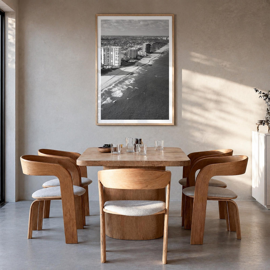 Boca Raton black & white photo poster of Florida, USA – vertical wall art in natural wood frame with white border, hanging on