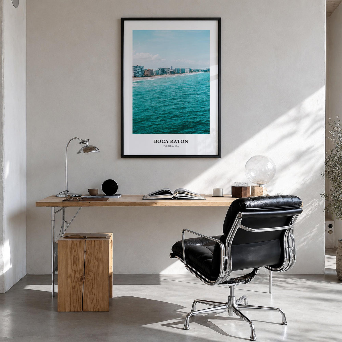 Boca Raton colorful classic poster of Florida, USA – vertical wall art in black wood frame, hanging on wall