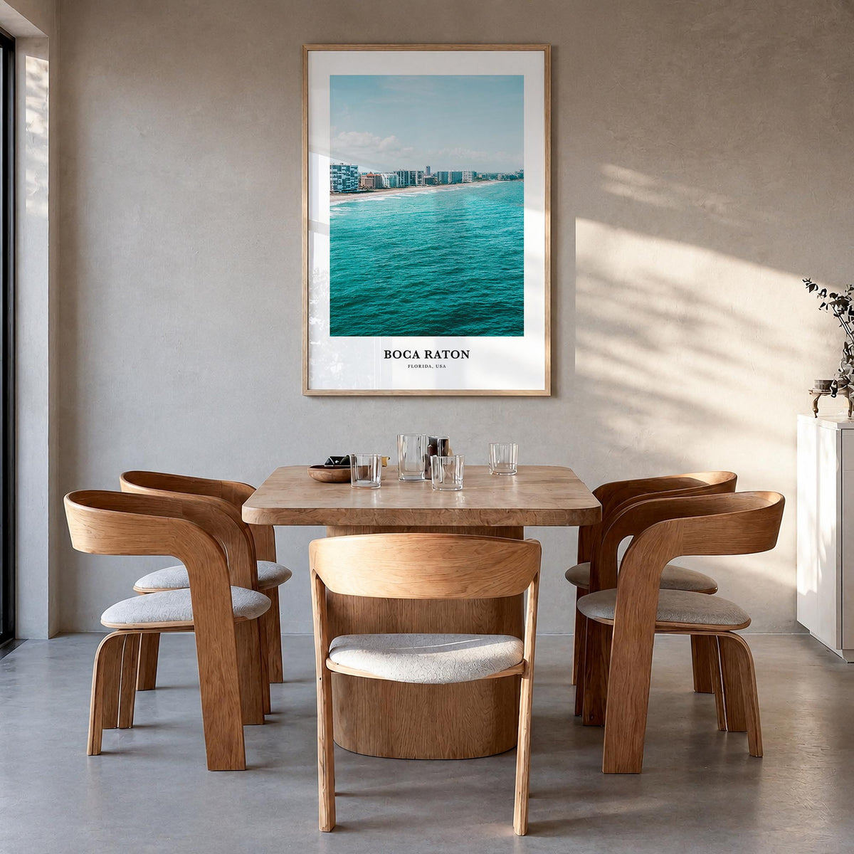 Boca Raton colorful classic poster of Florida, USA – vertical wall art in natural wood frame, hanging on wall