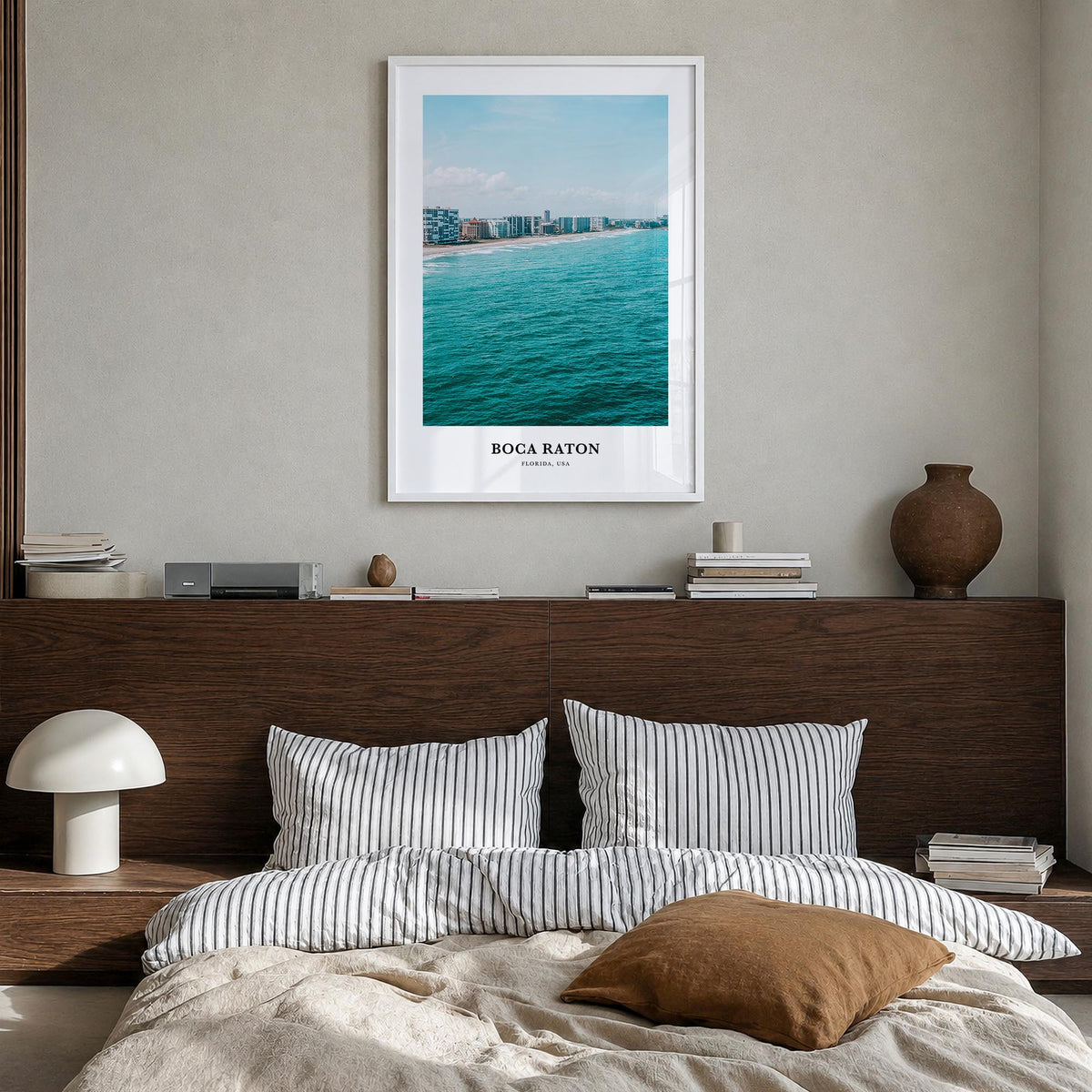 Boca Raton colorful classic poster of Florida, USA – vertical wall art in white wood frame, hanging on wall