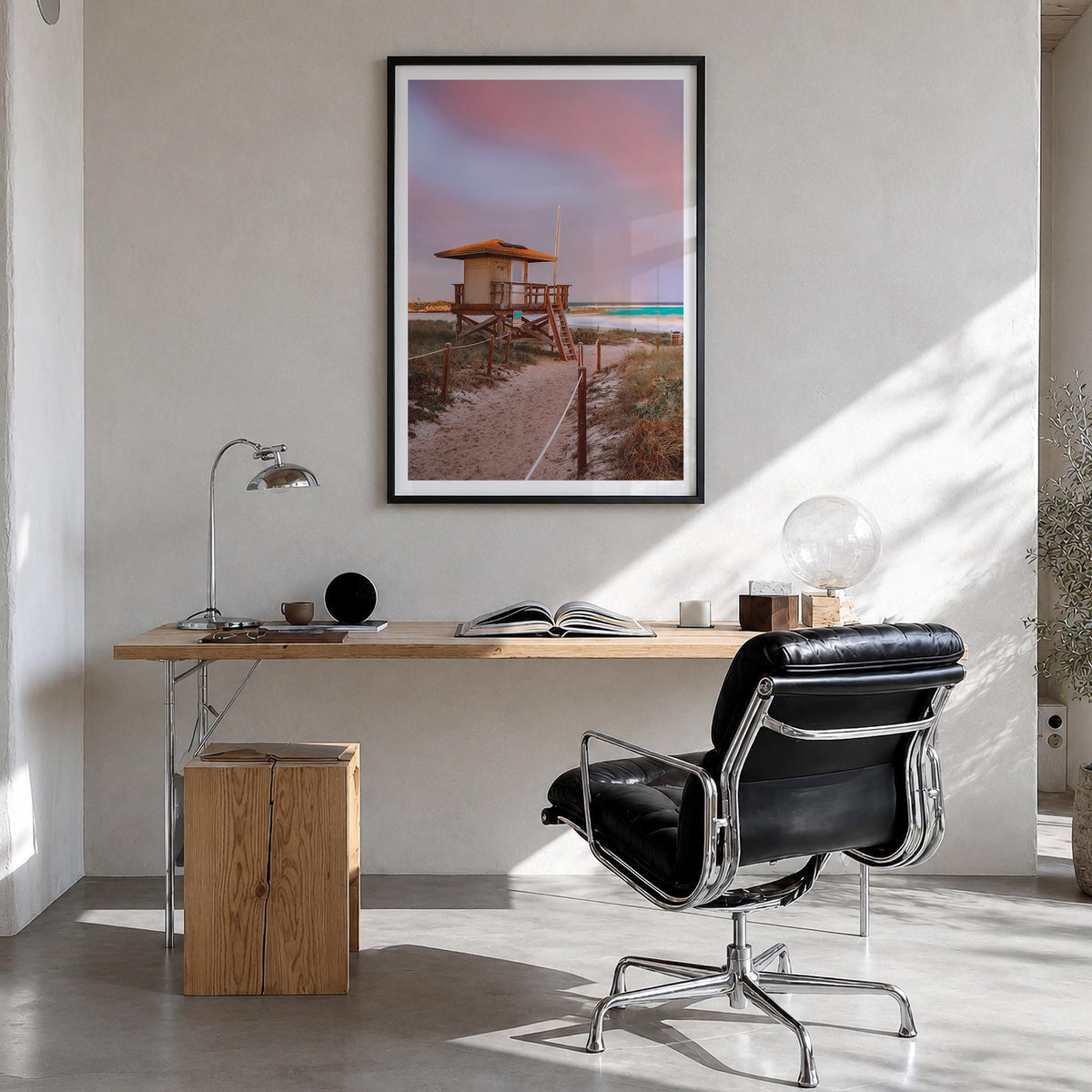 Boca Raton colorful photo poster of Florida, USA – vertical wall art in black wood frame with white border, hanging on wall