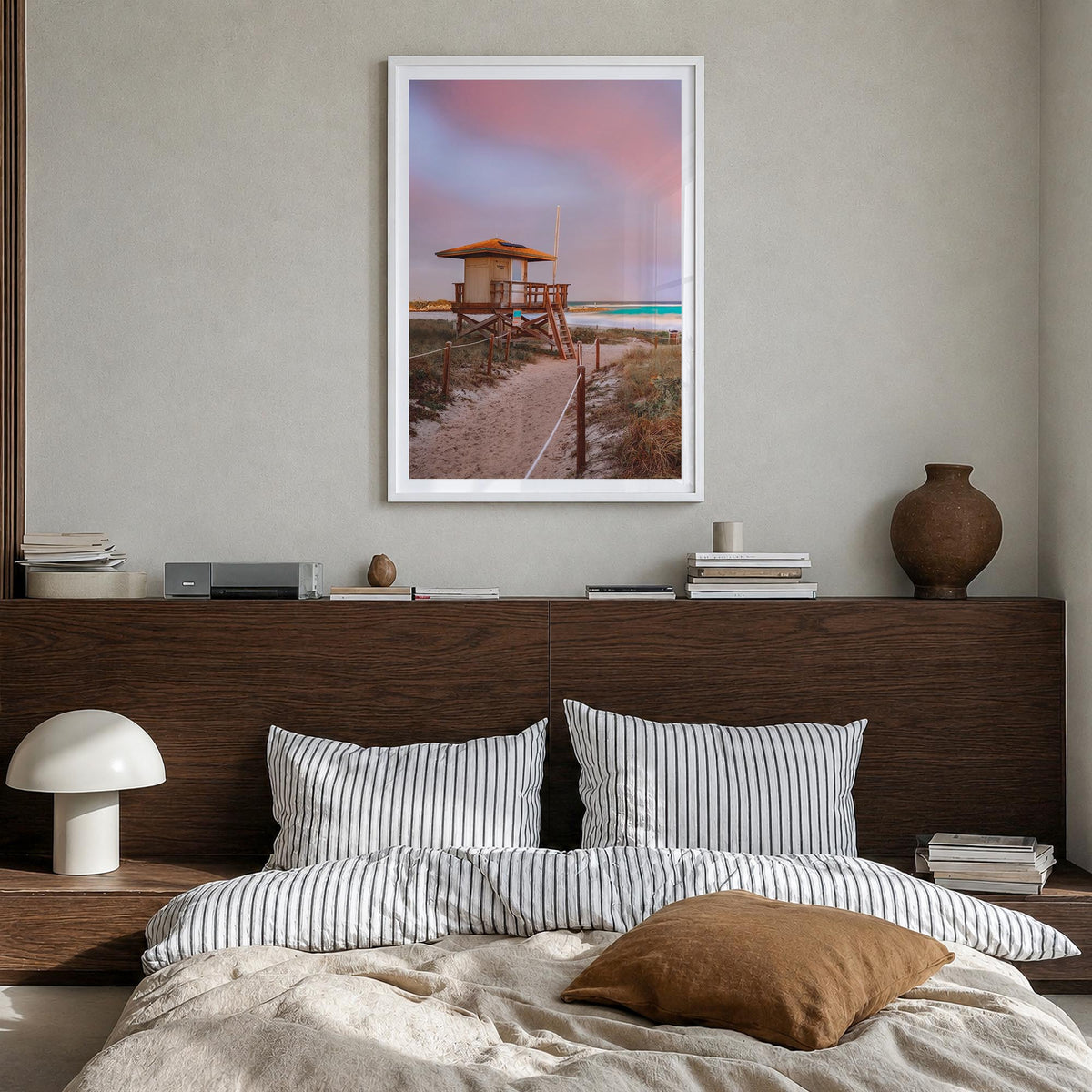 Boca Raton colorful photo poster of Florida, USA – vertical wall art in white wood frame with white border, hanging on wall