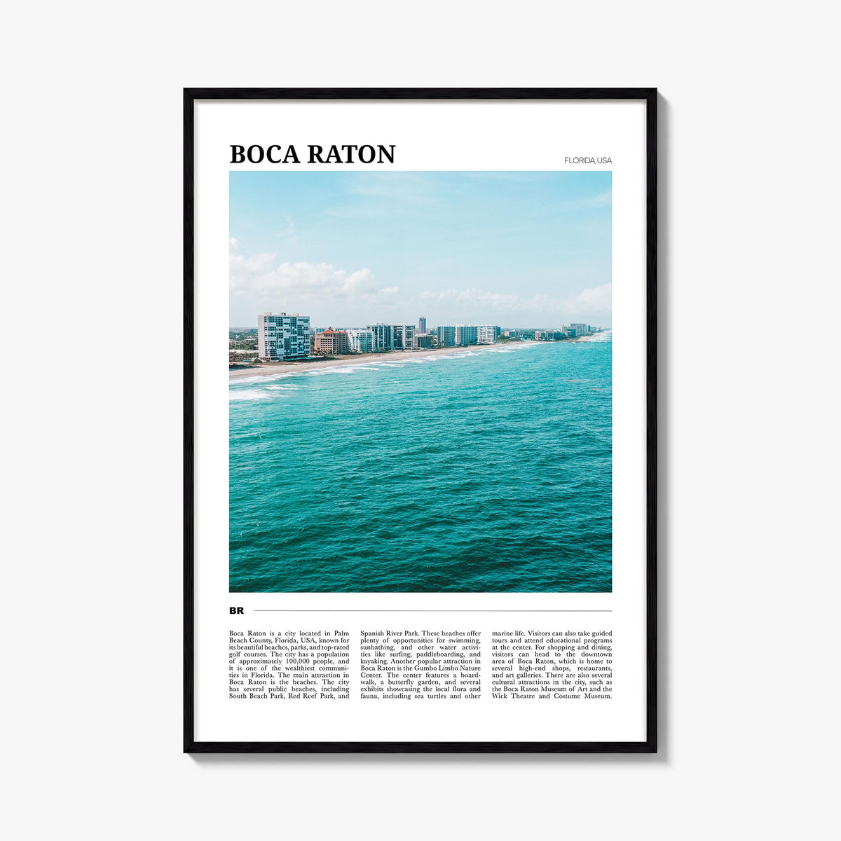 Boca Raton colorful travel poster of Florida, USA – vertical wall art, unframed print shown in interior mockup