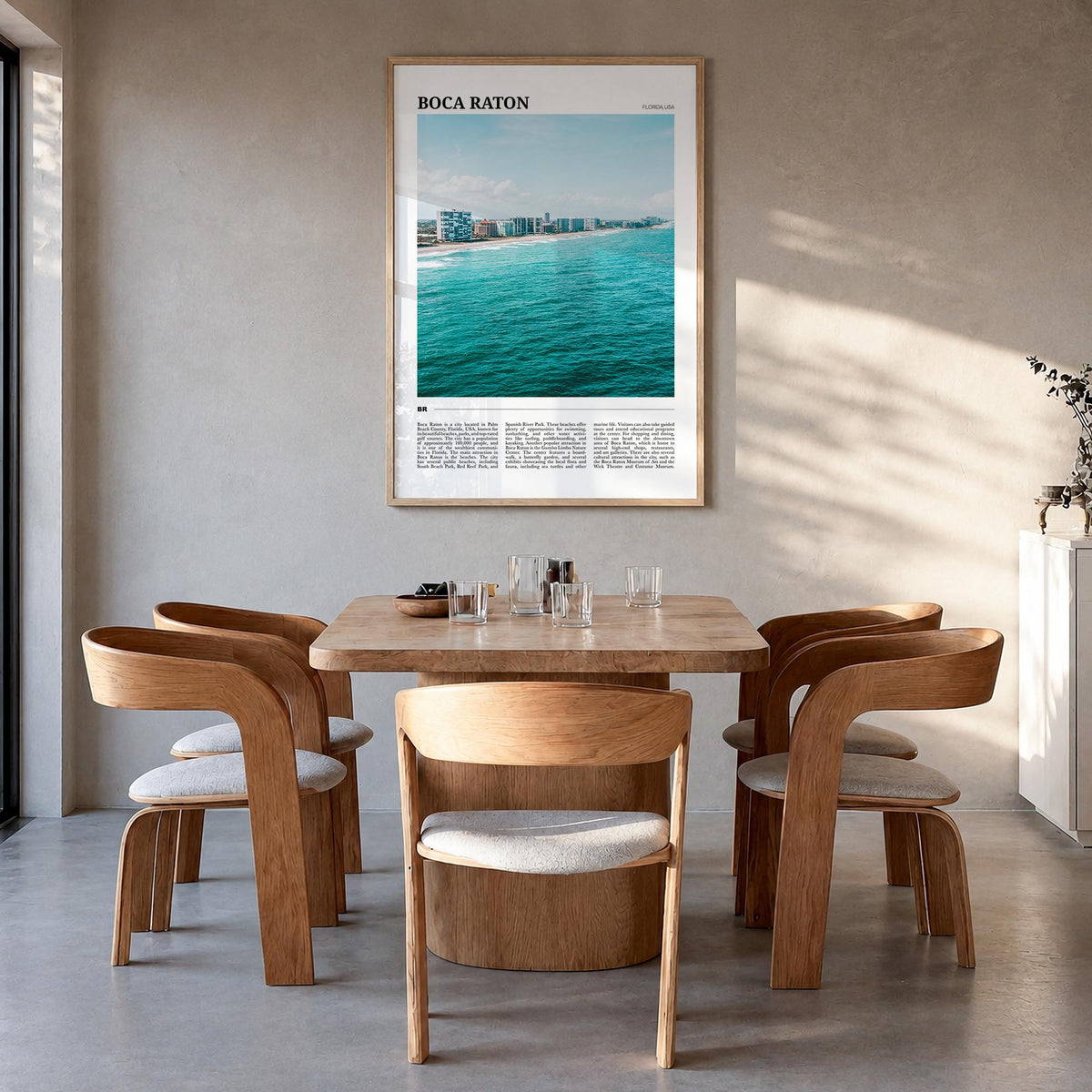 Boca Raton colorful travel poster of Florida, USA – vertical wall art in natural wood frame, hanging on wall