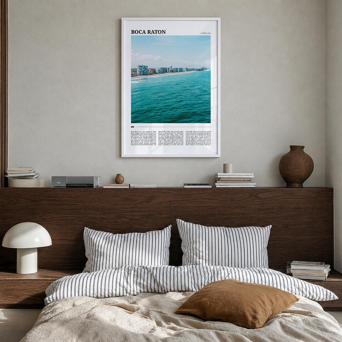 Boca Raton colorful travel poster of Florida, USA – vertical wall art in white wood frame, hanging on wall