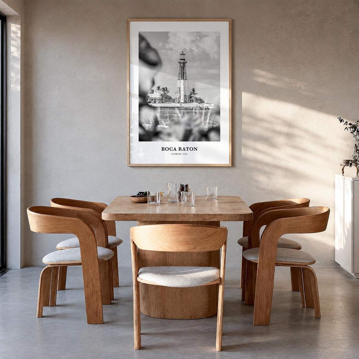Boca Raton no. 1 black & white classic poster of Florida, USA – vertical wall art in natural wood frame, hanging on wall