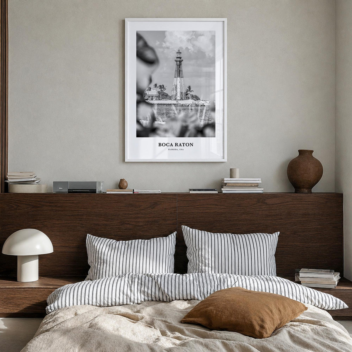 Boca Raton no. 1 black & white classic poster of Florida, USA – vertical wall art in white wood frame, hanging on wall