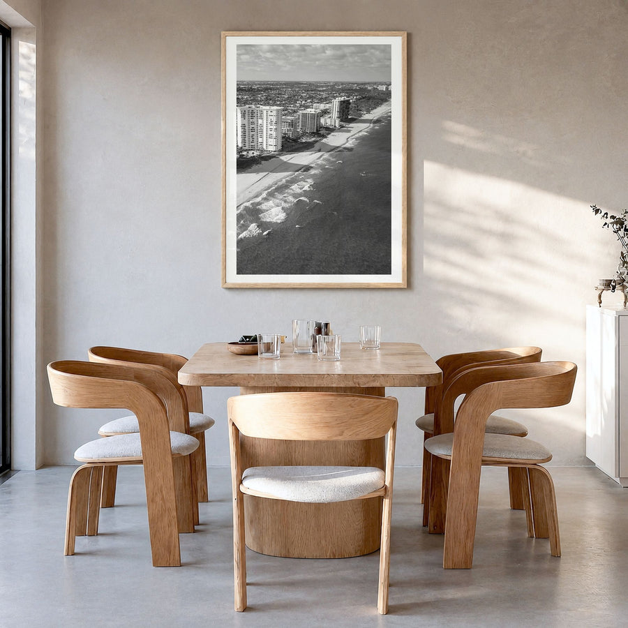 Boca Raton Photo Poster in a natural wood frame, hanging in a dining room, white border