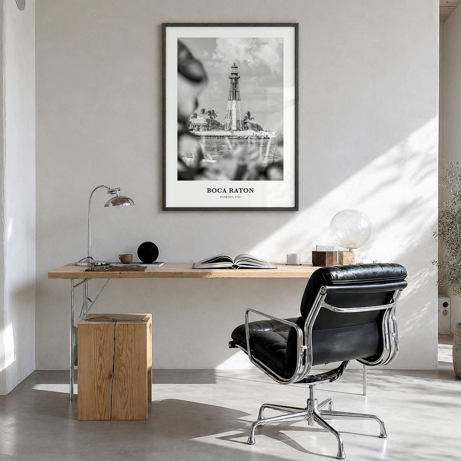 Boca Raton Classic No 1 Poster in a black wood frame, hanging in a bright home office