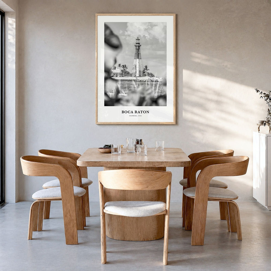 Boca Raton Classic No 1 Poster in a natural wood frame, hanging in a dining room
