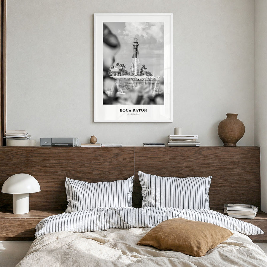 Boca Raton Classic No 1 Poster in a white wood frame, hanging in a bedroom
