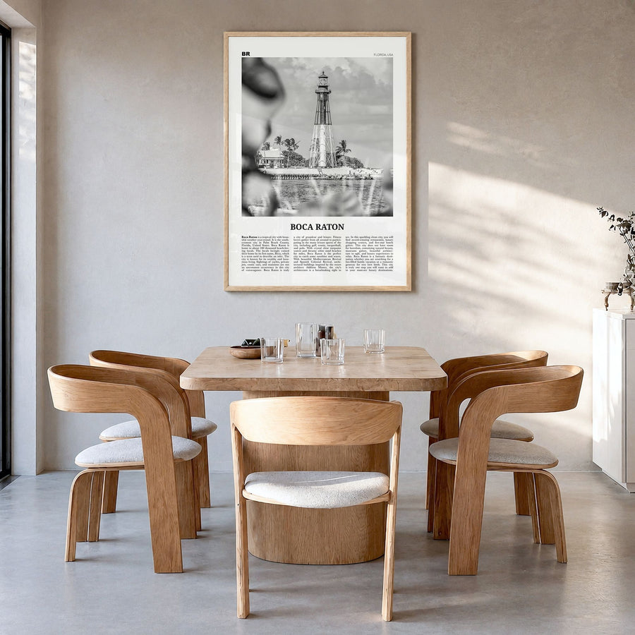 Boca Raton Newspaper No 2 Poster in a natural wood frame, hanging in a dining room