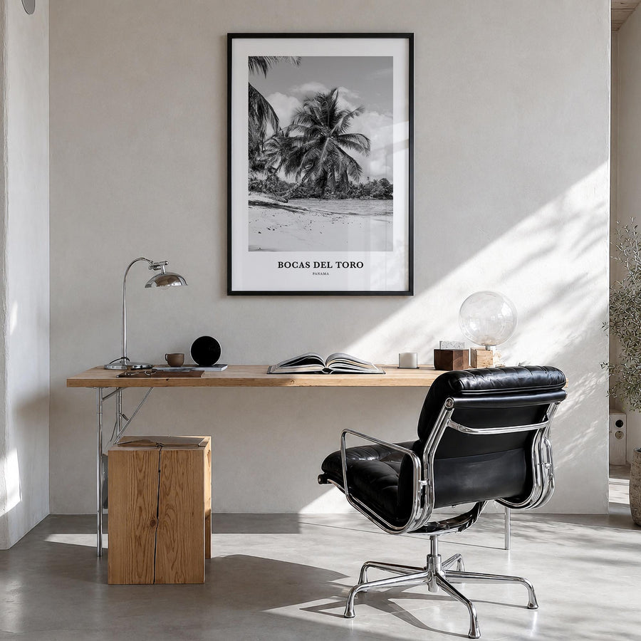 Bocas del Toro black & white classic poster of Panama – vertical wall art in black wood frame, hanging on wall