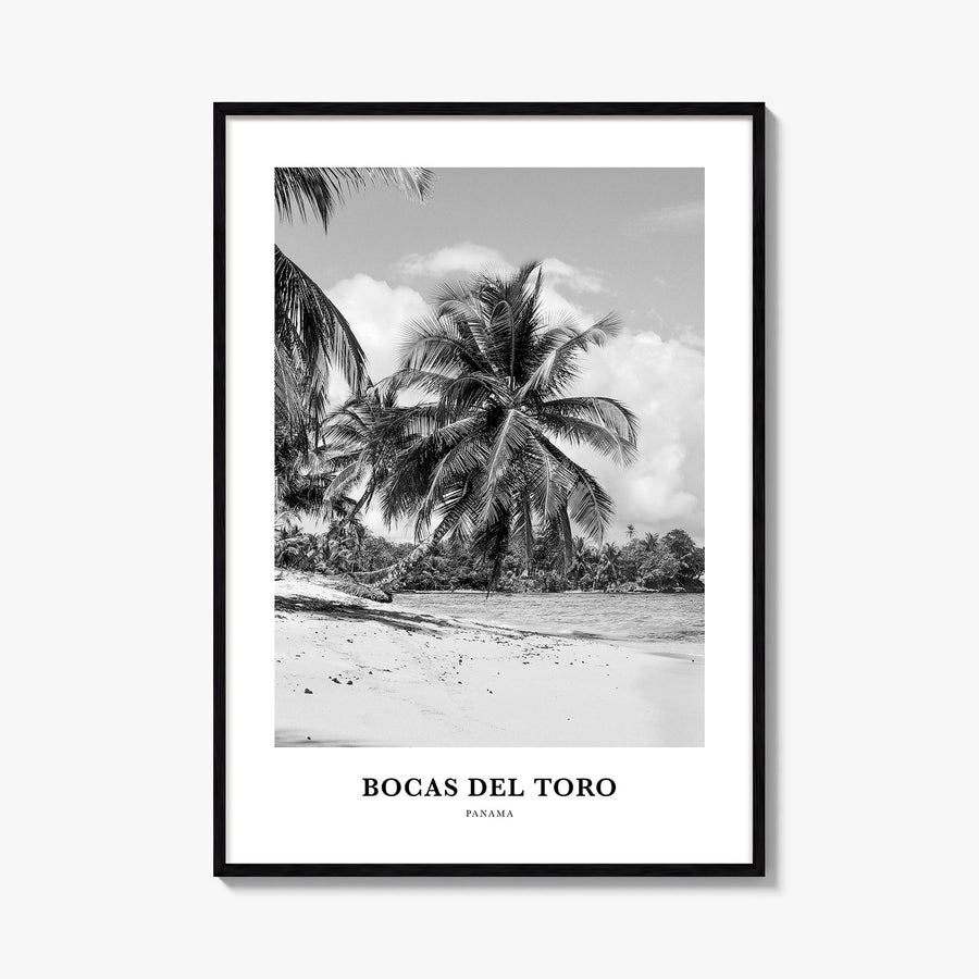 Bocas del Toro black & white classic poster of Panama – vertical wall art, unframed print shown in interior mockup