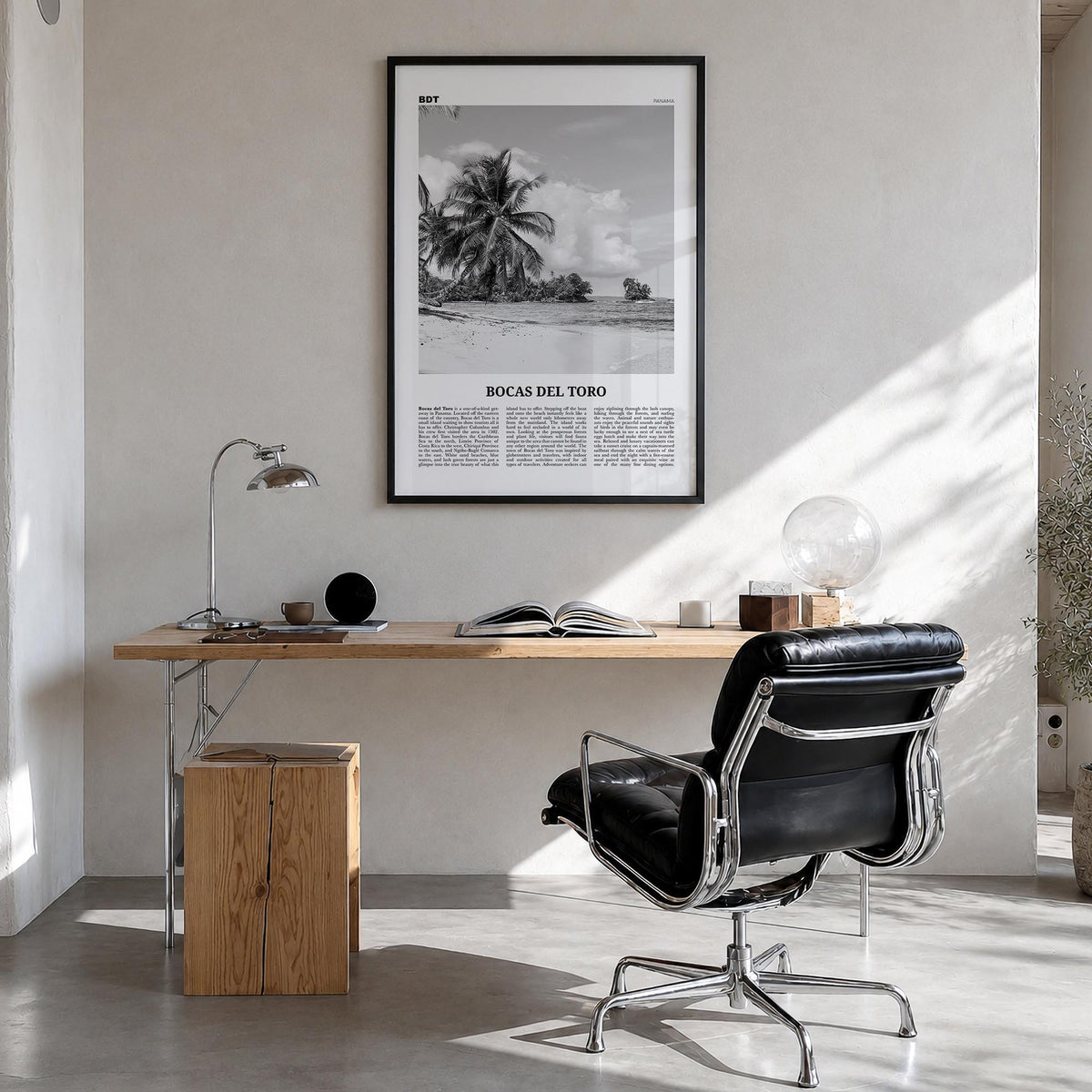 Bocas del Toro black & white newspaper poster of Panama – vertical wall art in black wood frame, hanging on wall