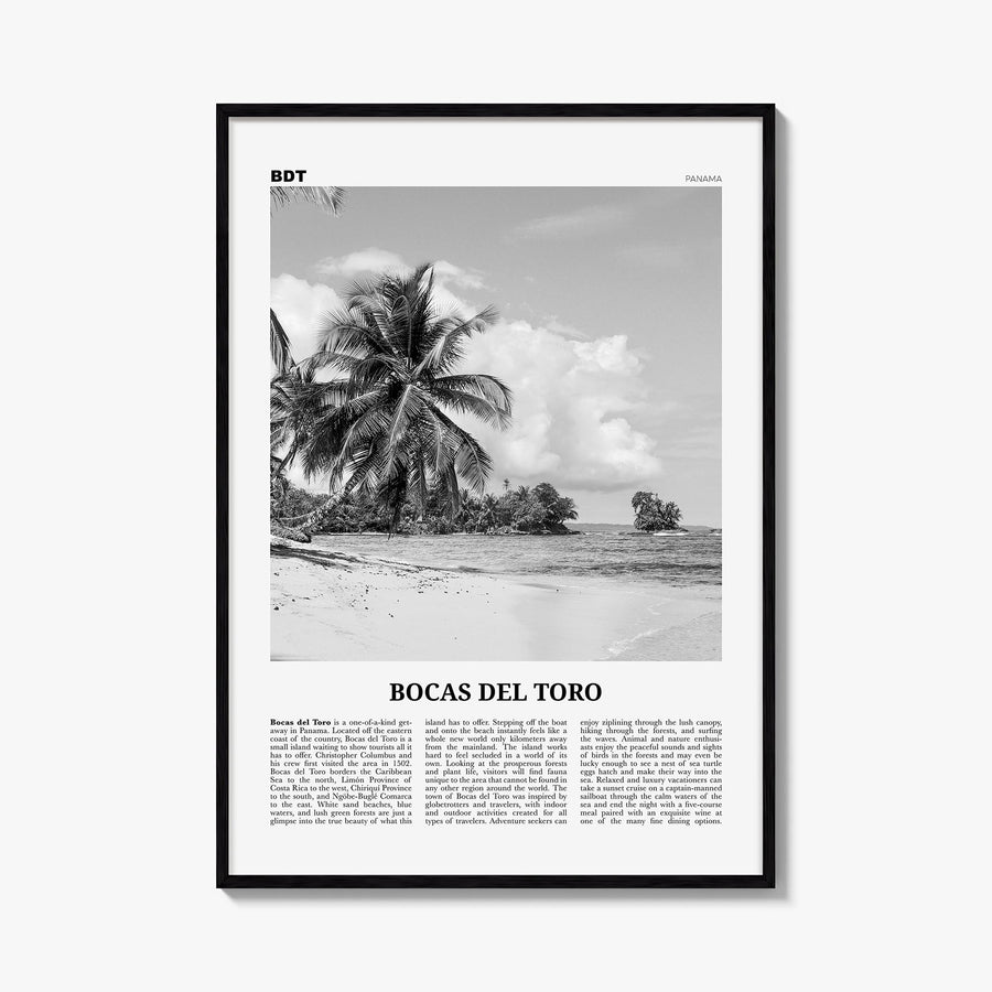 Bocas del Toro black & white newspaper poster of Panama – vertical wall art, unframed print shown in interior mockup