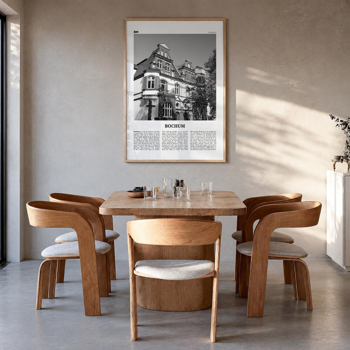 Bochum black & white newspaper poster of Germany – vertical wall art in natural wood frame, hanging on wall