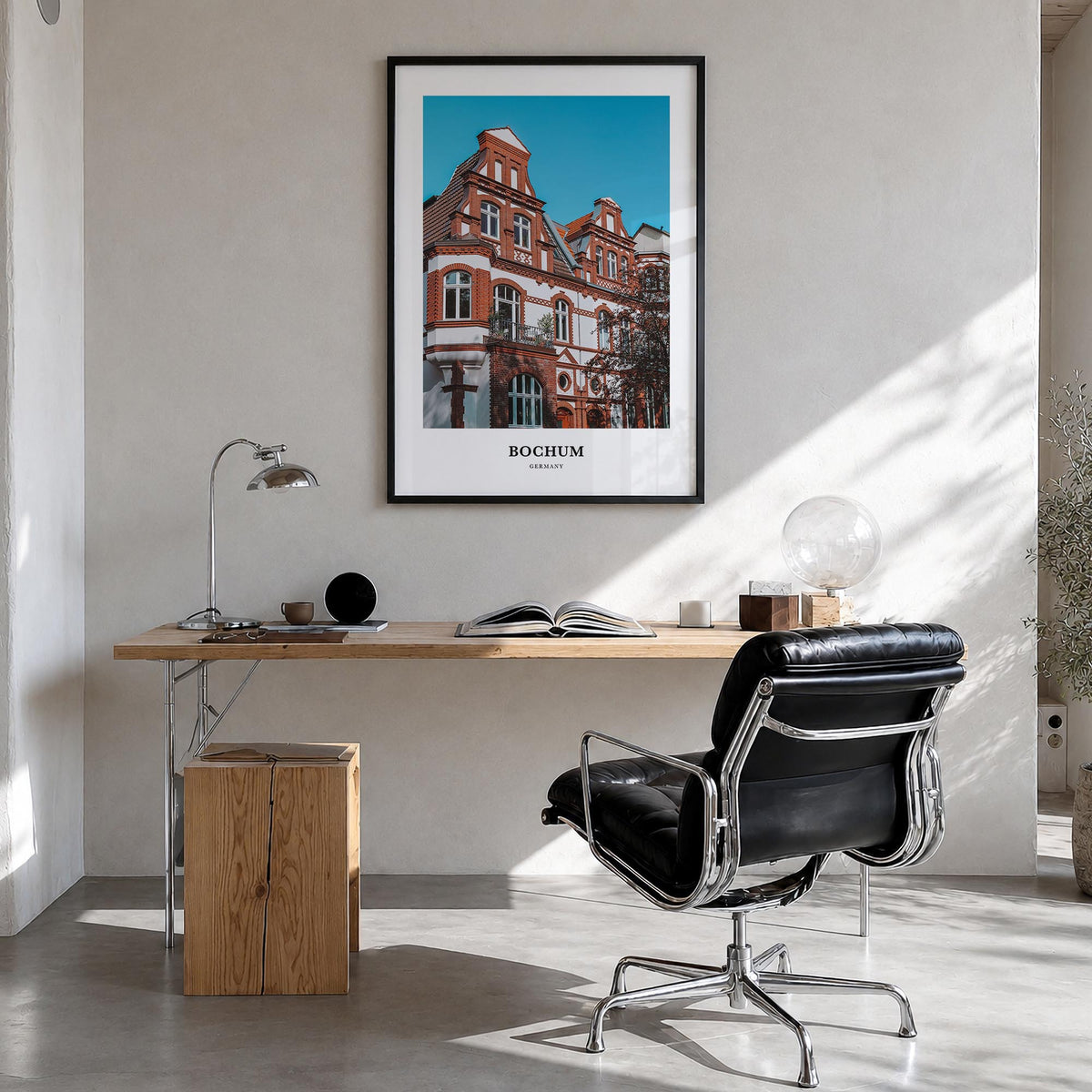 Bochum colorful classic poster of Germany – vertical wall art in black wood frame, hanging on wall