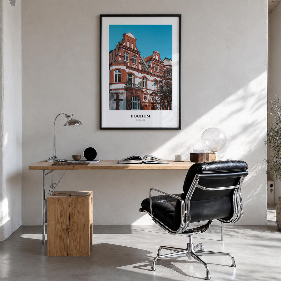 Bochum colorful classic poster of Germany – vertical wall art in black wood frame, hanging on wall