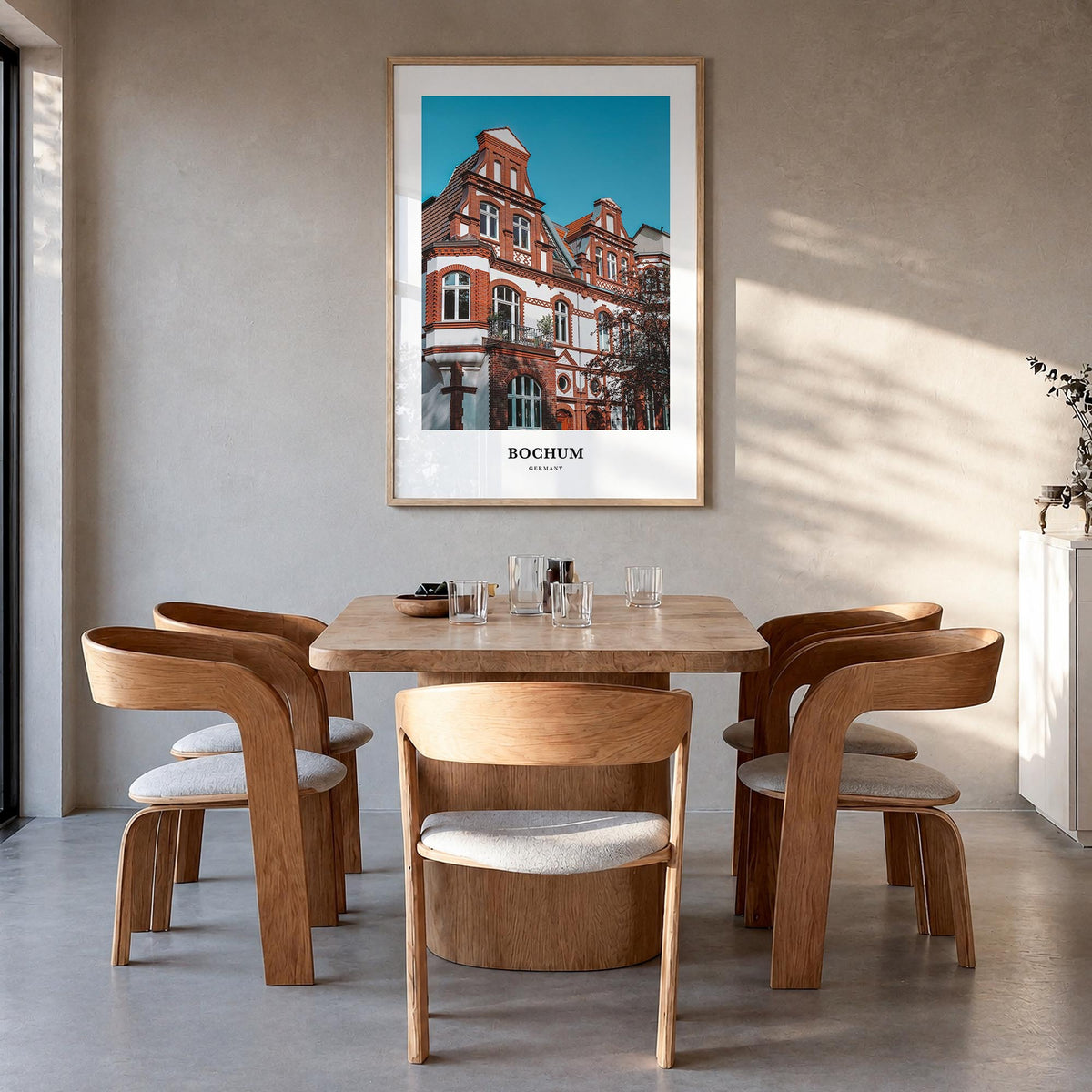 Bochum colorful classic poster of Germany – vertical wall art in natural wood frame, hanging on wall