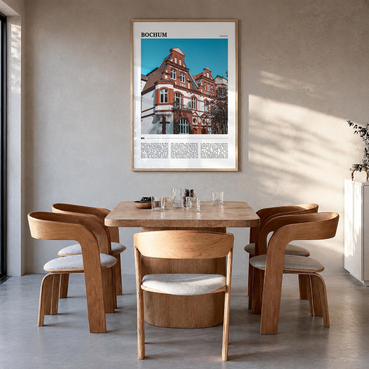 Bochum colorful travel poster of Germany – vertical wall art in natural wood frame, hanging on wall