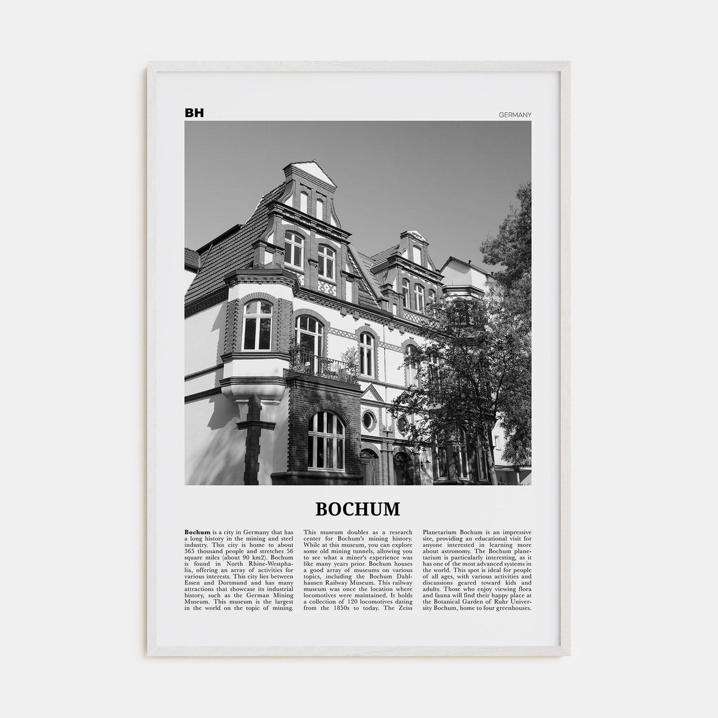 Bochum Poster White Wood / 8x12 in Nbourhood Travel B&W Poster