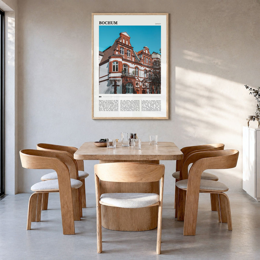 Bochum Travel Poster in a natural wood frame, hanging in a dining room