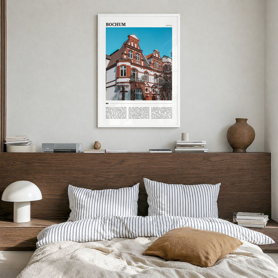 Bochum Travel Poster in a white wood frame, hanging in a bedroom