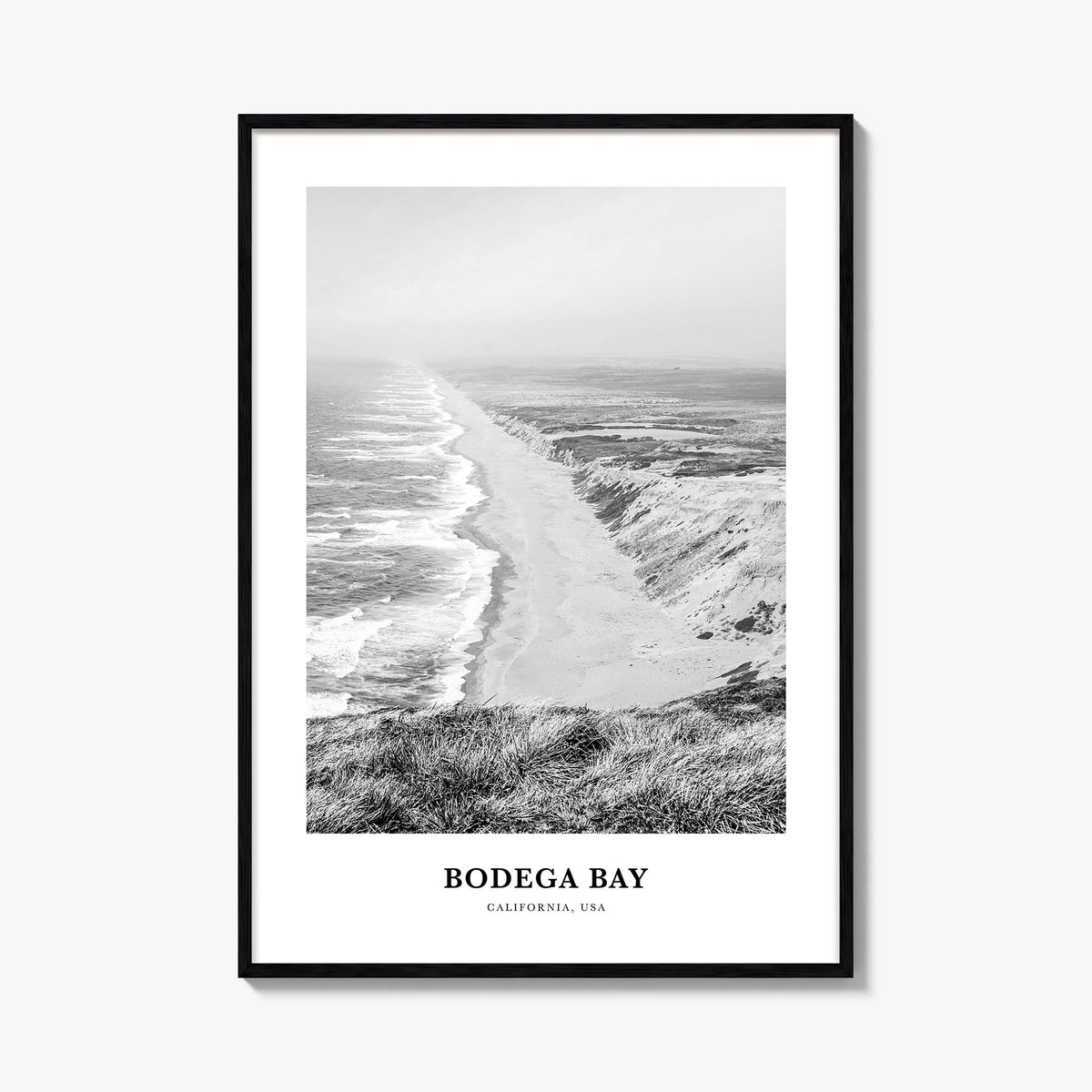 Bodega Bay black & white classic poster of California, USA – vertical wall art, unframed print shown in interior mockup