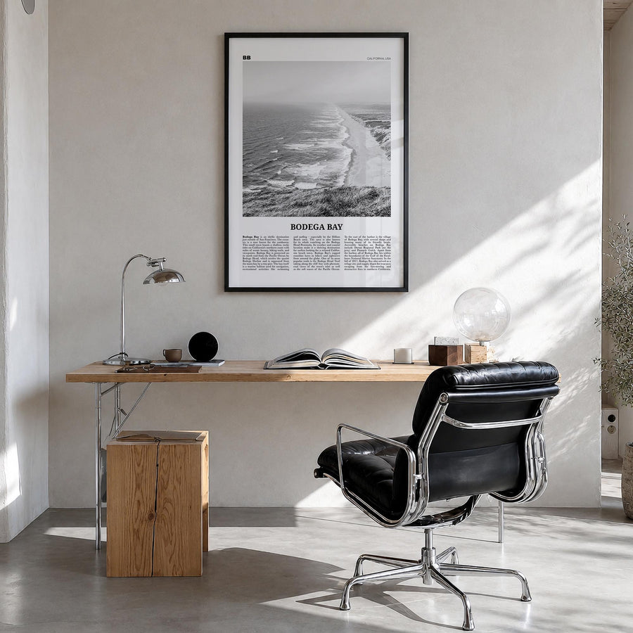 Bodega Bay black & white newspaper poster of California, USA – vertical wall art in black wood frame, hanging on wall