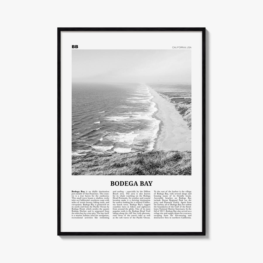 Bodega Bay black & white newspaper poster of California, USA – vertical wall art, unframed print shown in interior mockup