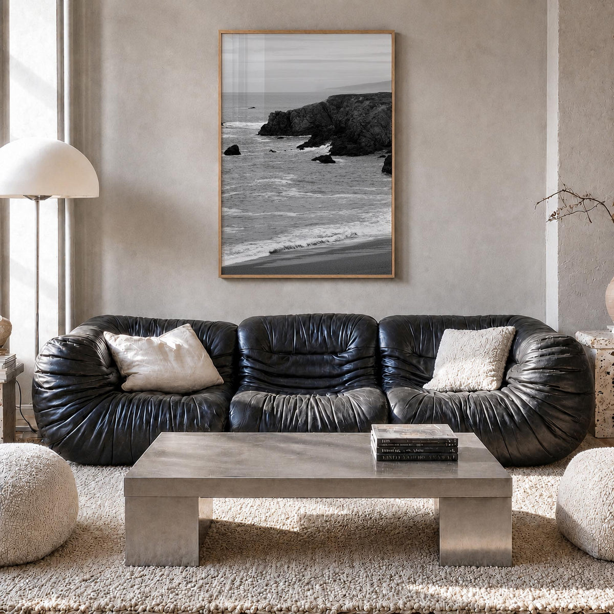 Bodega Bay black & white photo poster of California, USA – vertical wall art in natural wood frame, hanging on wall