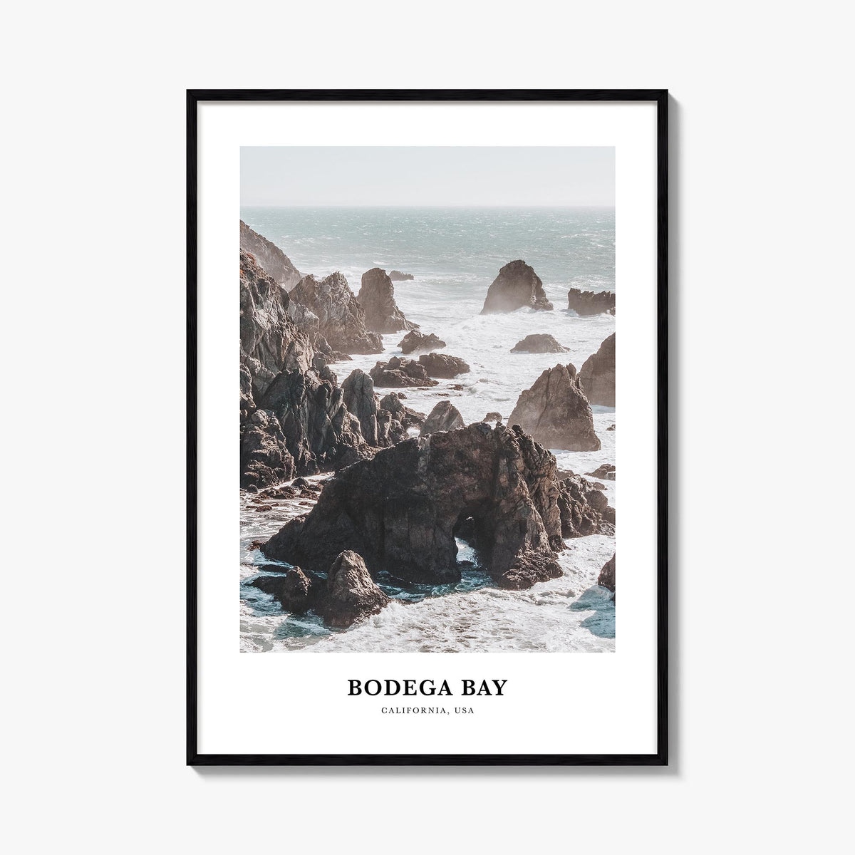 Bodega Bay colorful classic poster of California, USA – vertical wall art, unframed print shown in interior mockup