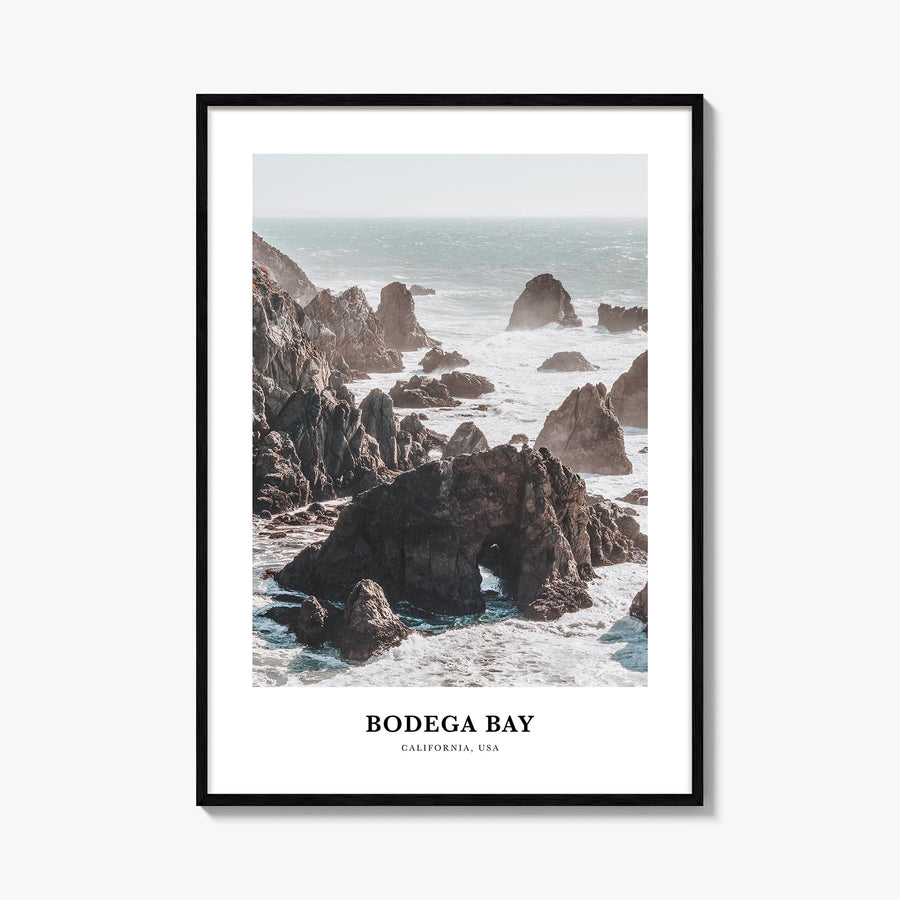 Bodega Bay colorful classic poster of California, USA – vertical wall art, unframed print shown in interior mockup