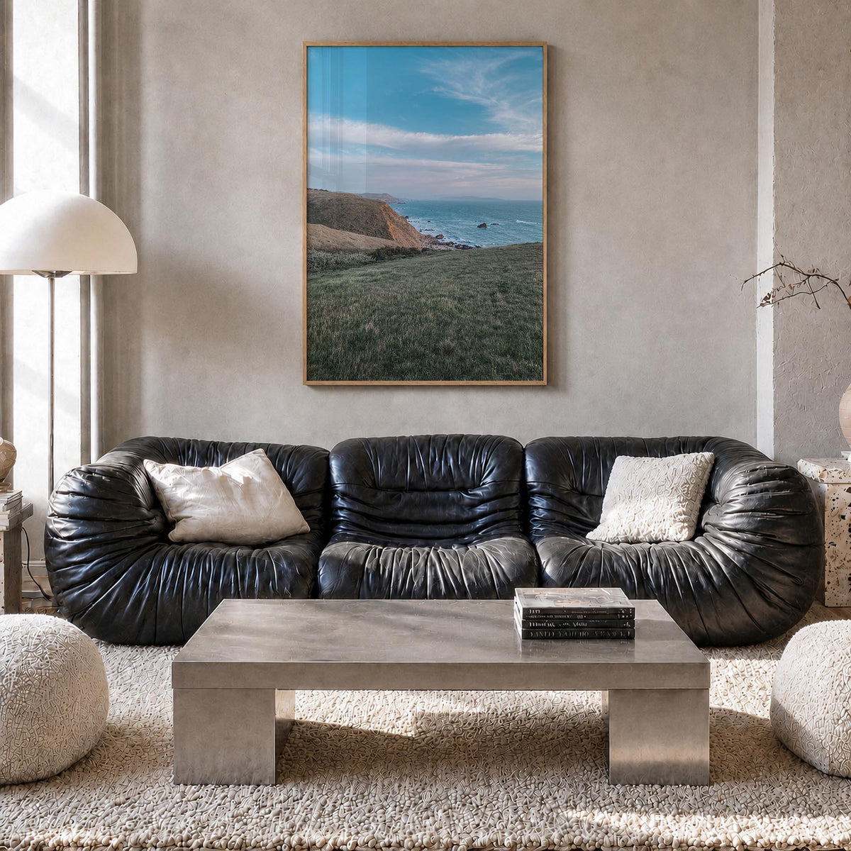 Bodega Bay colorful photo poster of California, USA – vertical wall art in natural wood frame, hanging on wall
