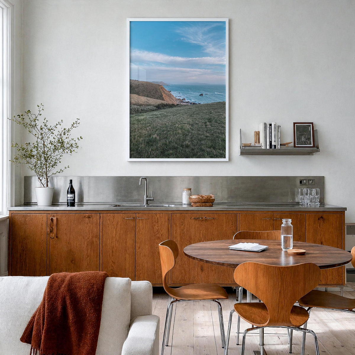 Bodega Bay colorful photo poster of California, USA – vertical wall art in white wood frame, hanging on wall